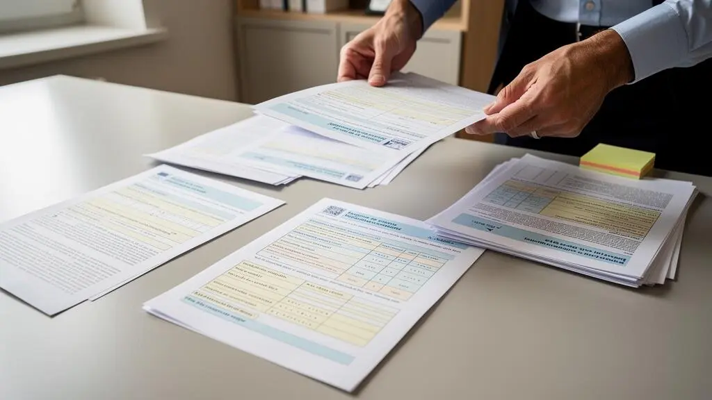 Conseiller retraite analysant plusieurs documents de carrière de différents régimes français sur son bureau de travail