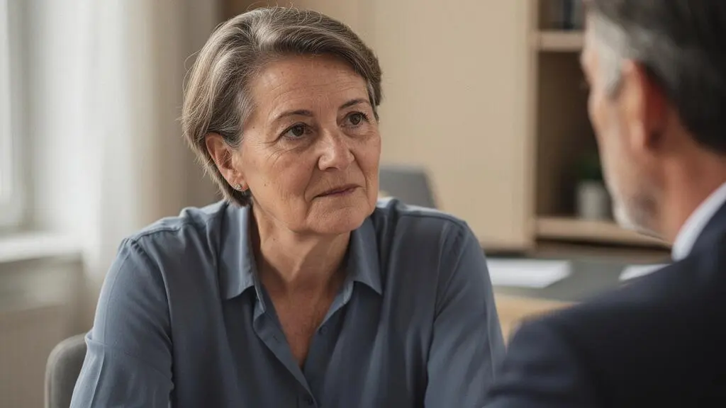 Personne proche de la retraite écoutant attentivement les explications lors d'une consultation bilan retraite