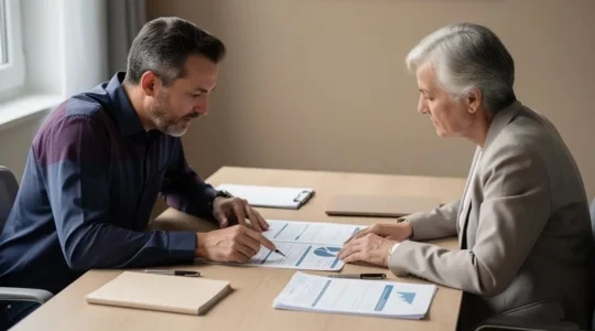 Conseiller retraite professionnel en consultation active avec un client proche de la retraite dans un bureau moderne
