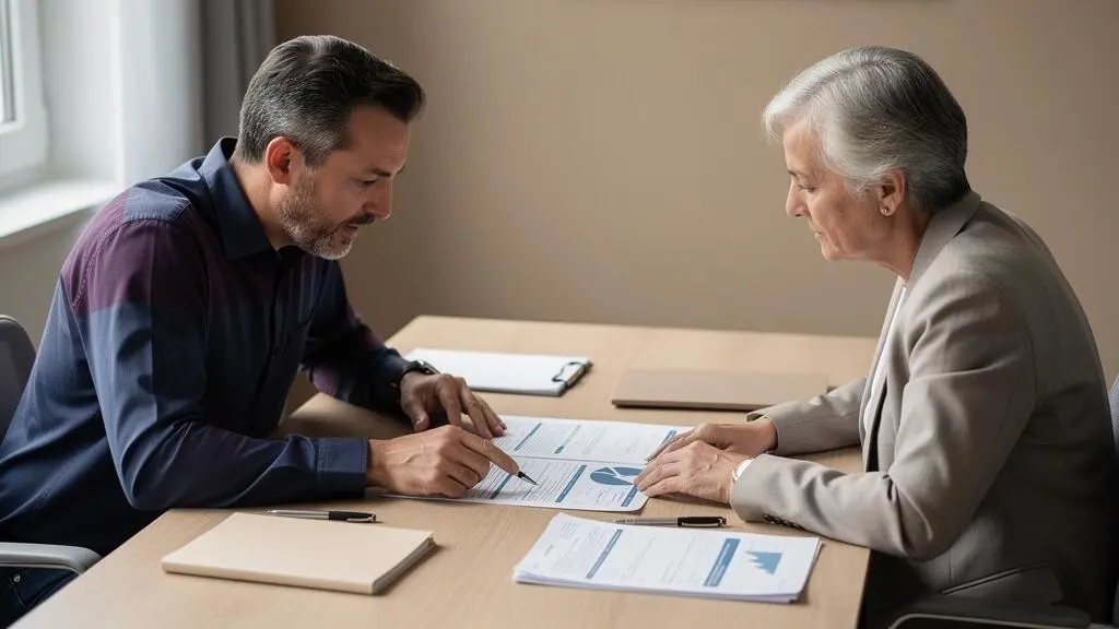 Conseiller retraite professionnel en consultation active avec un client proche de la retraite dans un bureau moderne